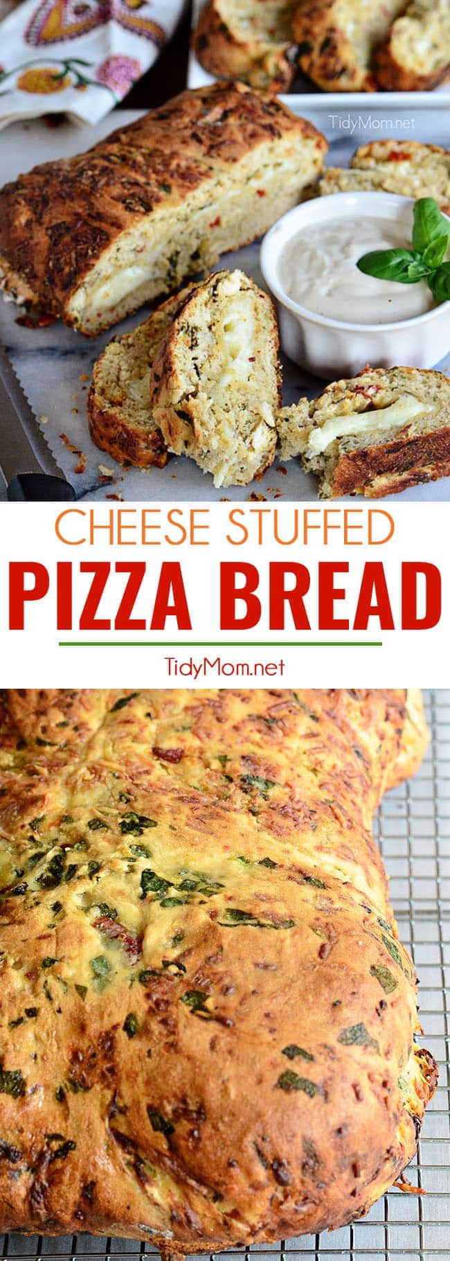 Pizza Bread is a twist on traditional pizza. Bread dough seasoned with chicken, fresh spinach, sun-dried tomatoes and stuffed with cheese. Served warm with Alfredo sauce. Print the full recipe at TidyMom.net