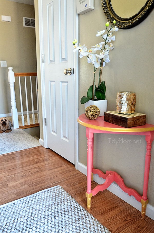 DIY Gold & Coral Table and decor.  Details at TidyMom.net