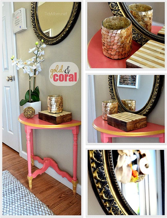 DIY Gold & Coral Table and decor.  Details at TidyMom.net