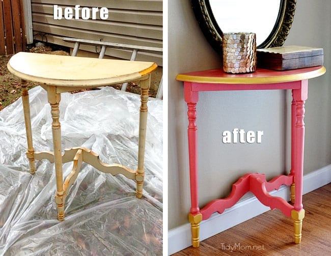 DIY Gold and Coral Table before and after at TidyMom.net