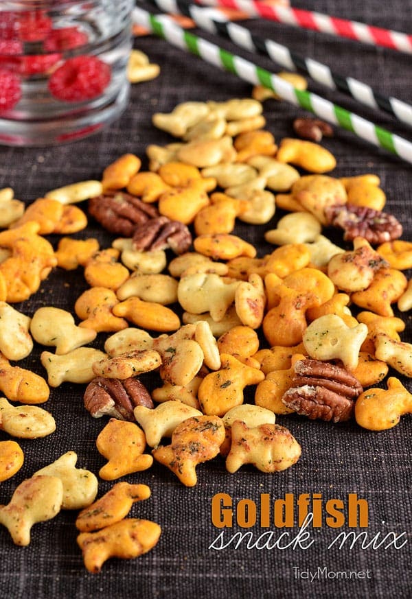 This Spicy Ranch Goldfish Snack Mix is crunchy, savory and a cinch to make. It's perfect for all of your snacking needs! From parties and football watching to movie night, or any night. Print this easy recipe at TidyMom.net