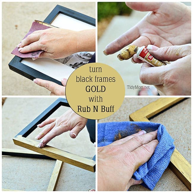 Easily turn black frames GOLD using Rub N Buff - at Tidymom.net