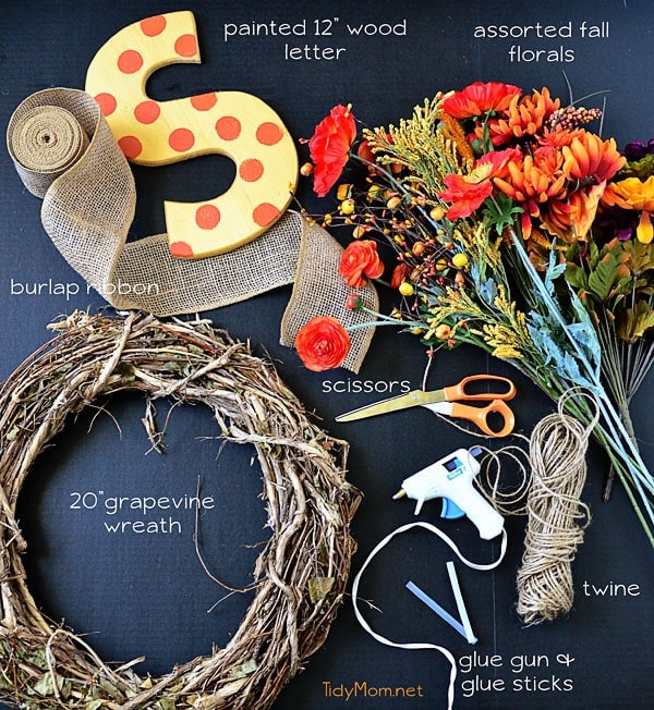 make your own Monogram Fall Wreath supplies at TidyMom.net