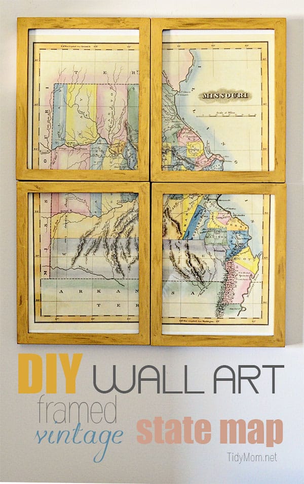 DIY Wall Art | Framed Vintage State Map at TidyMom.net