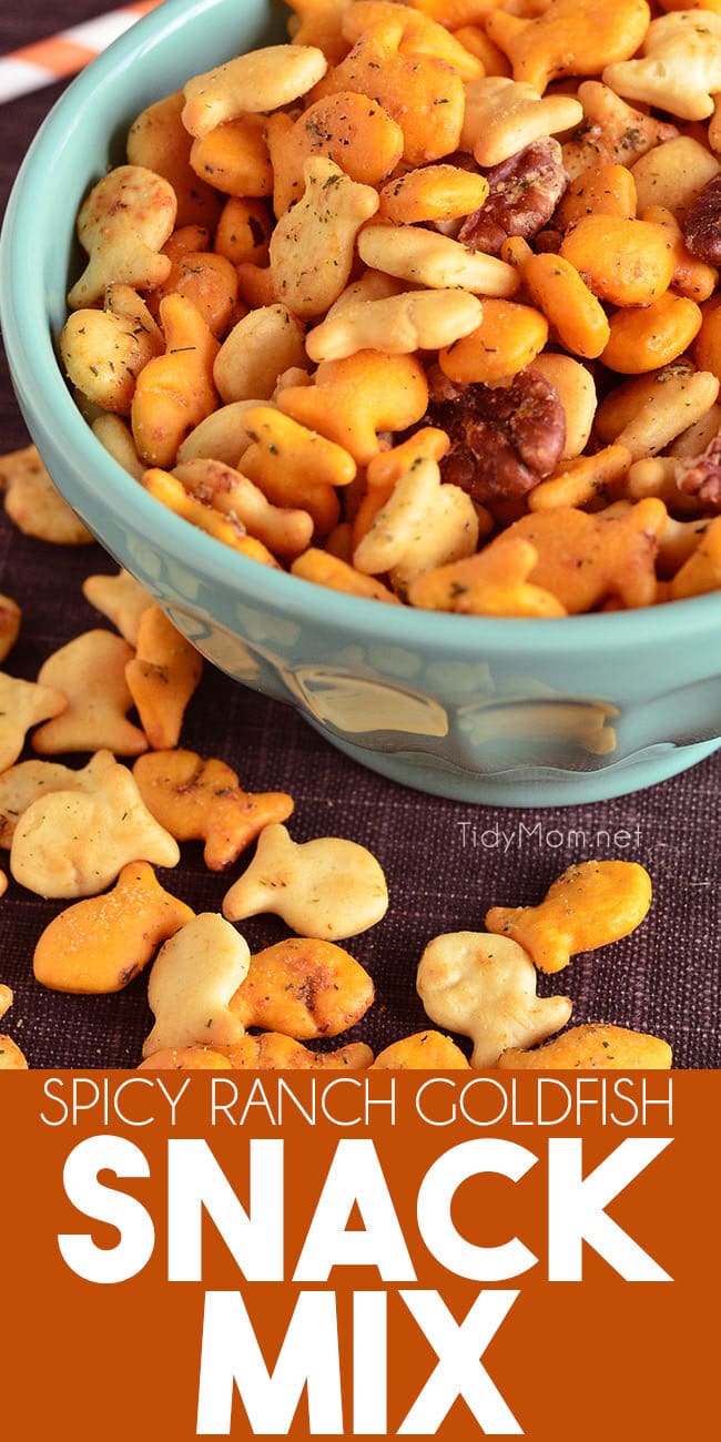 Spicy Ranch Goldfish Snack Mix in a blue bowl