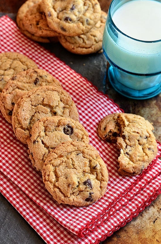 Bourbon Candied Bacon Chocolate Chip Cookies with glass of milk