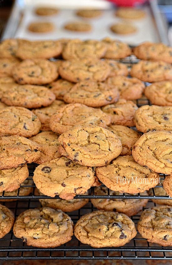 Bourbon and Bacon Chocolate Chip Cookies on cooling racks