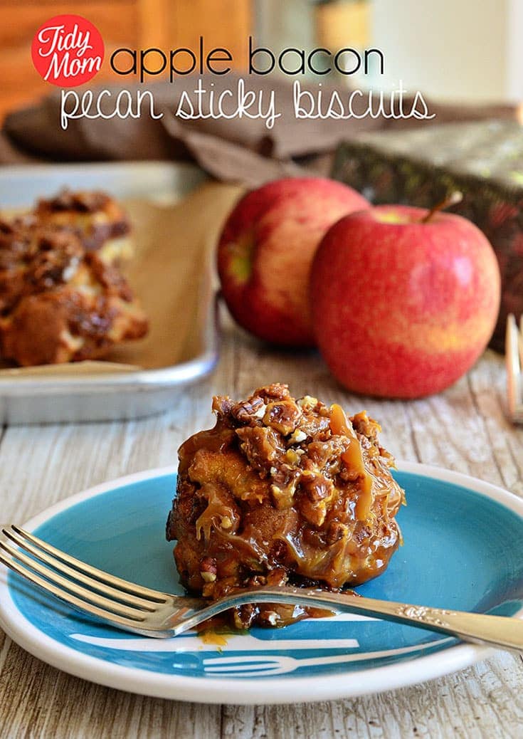 Apple Bacon Pecan Sticky Biscuits. The sweet and salty flavors of the apple and bacon make these sticky biscuits stand out, for breakfast or dessert. Easy and oh so delicious! Print the full recipe at TidyMom.net