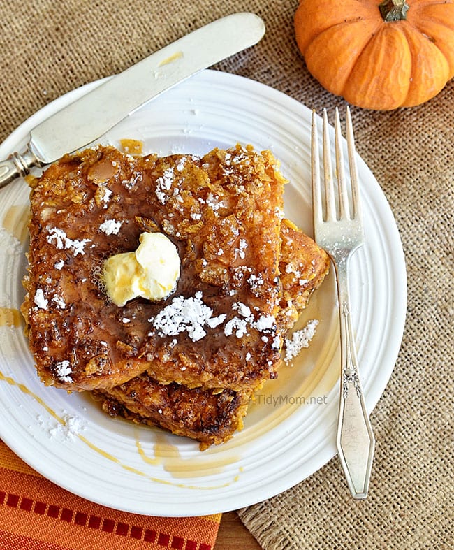 Bacon Fried Cereal Coated Pumpkin French Toast