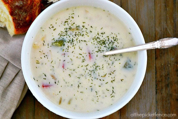 Seafood chowder with smoked salmon and dill from atthepicketfence.com. Recipe at TidyMom.net