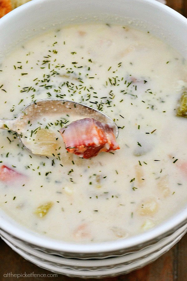 Seafood chowder with smoked salmon and dill from atthepicketfence.com. Recipe at TidyMom.net