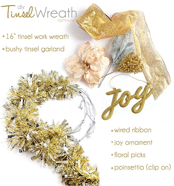  DIY Christmas Decor - Make this easy Tinsel Wreath in under 15 minutes and no glue required!  Tutorial at TidyMom.net