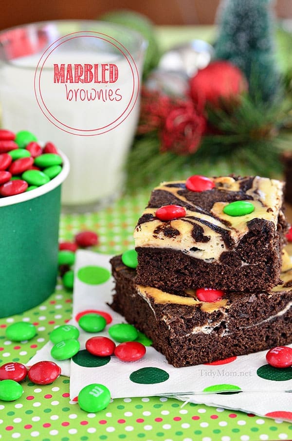  Marbled Brownies with cheesecake and red and green M&MS