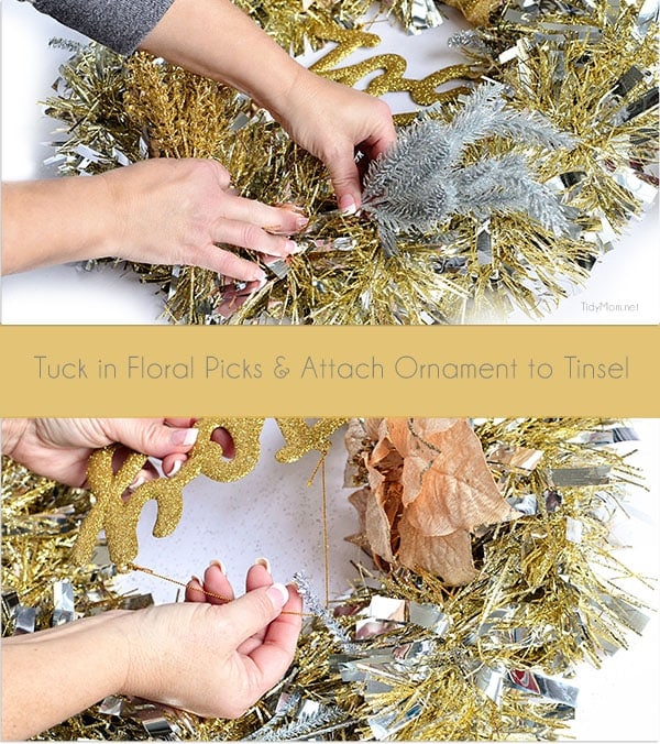 DIY Christmas Decor - Make this easy Tinsel Wreath in under 15 minutes and no glue required!  Tutorial at TidyMom.net