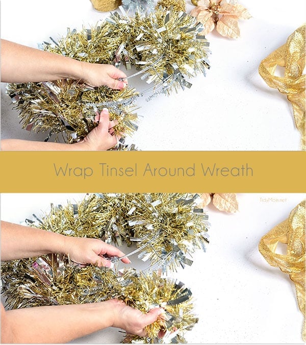 DIY Christmas Decor - Make this easy Tinsel Wreath in under 15 minutes and no glue required!  Tutorial at TidyMom.net