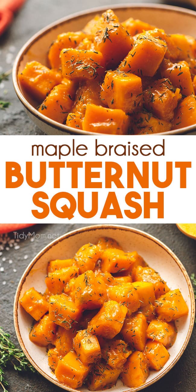 maple braised butternut squash in a bowl photo collage