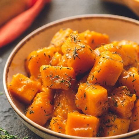 maple braised butternut squash in a bowl