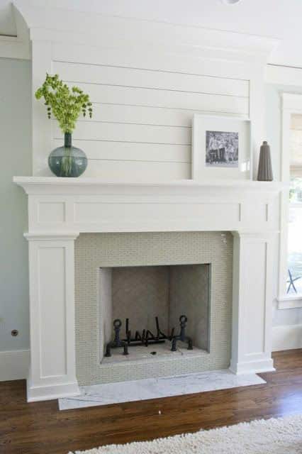 plank wall treatment over fireplace mantel