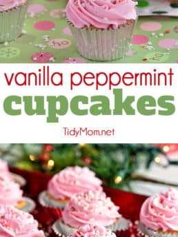 Vanilla Peppermint Cupcakes are not overly pepperminty, but oh my do they make your house smell amazing!!  If you were to make these for Santa, there's no way he would miss your house! Recipe video + printable recipe at TidyMom.net