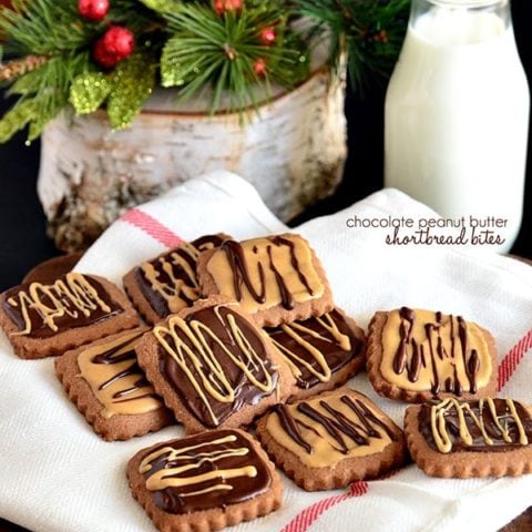 Melt in your mouth Chocolate Peanut Butter Shortbread Bites make the perfect after-school snack or a delicious holiday treat. Print the cookie recipe at TidyMom.net