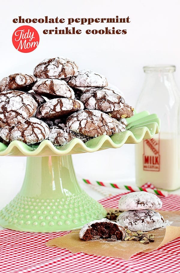 Crinkle Cookies on a green cake stand with a bottle of cold milk