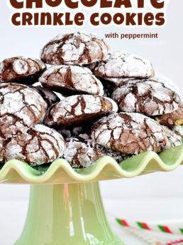 green cake stand stacked with chocolate peppermint crinkle cookies