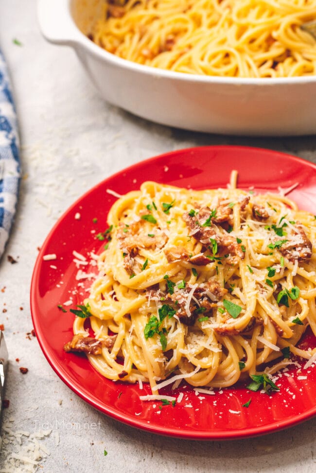 Easy and delicious classic Bacon Carbonara on a plate