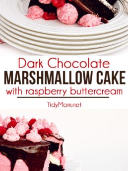 Dark chocolate, toasted marshmallow and raspberries is a delicious combination for a baby shower, birthday party, and perfect for Valentine's Day. Dark Chocolate Covered Marshmallow Cake with Raspberry Buttercream recipe at TidyMom.net