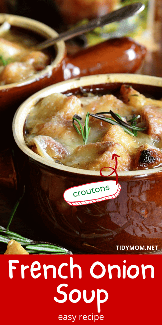 close up of french onion soup with croutons and melted cheese