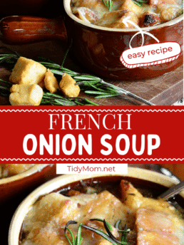 french onion soup in brown bowls