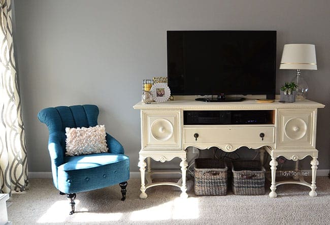 Gray family rroom make-over progress with repurposed buffet turned media cabinet at TidyMom.net