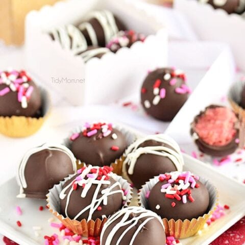 Chocolate Covered Strawberry Cake Balls recipe at TidyMom.net perfect for Valentines Day