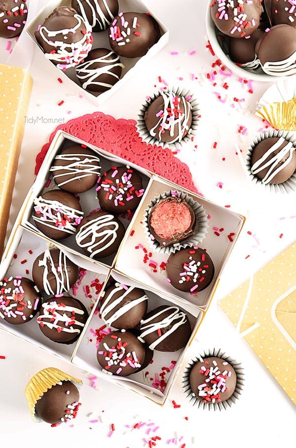 Chocolate Covered Strawberry Cake Balls #recipe at TidyMom.net #ValentinesDay