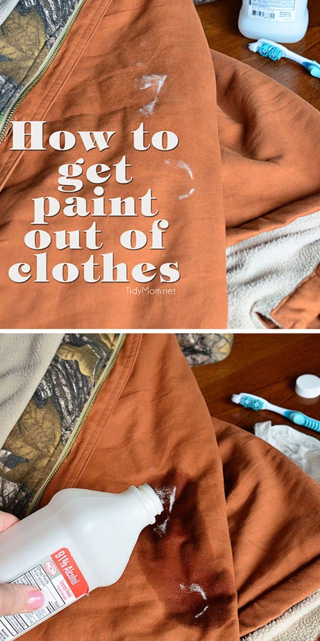 No need to throw it out! You just need a little rubbing alcohol and a brush to get dried paint out of clothes. Find out HOW TO GET PAINT OUT OF CLOTHES at TidyMom.net
