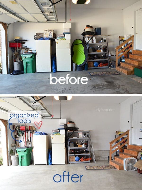 An organized garage using the Monkey Bars Garage Storage Systems at TidyMom.net