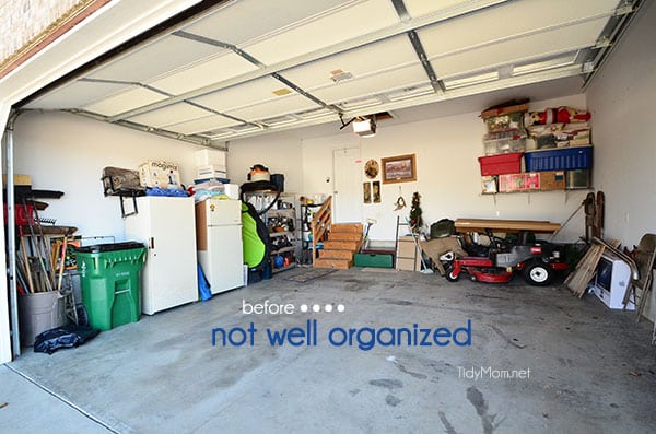 An organized garage using the Monkey Bars Garage Storage Systems at TidyMom.net