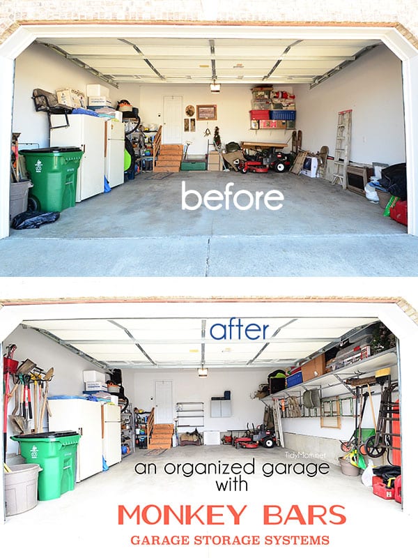 An organized garage using the Monkey Bars Garage Storage Systems at TidyMom.net