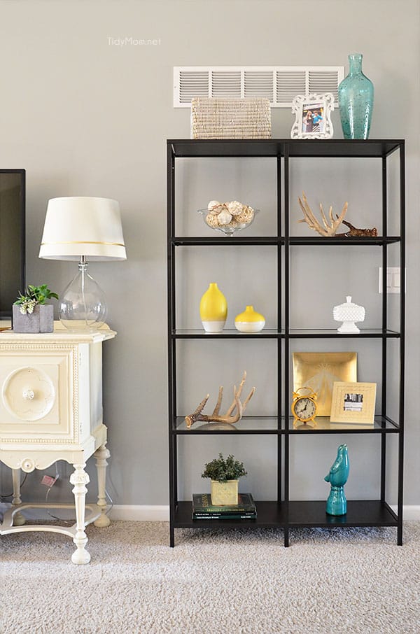 Family Room decor with Ikea VITTSJO bookcases at TidyMom.net