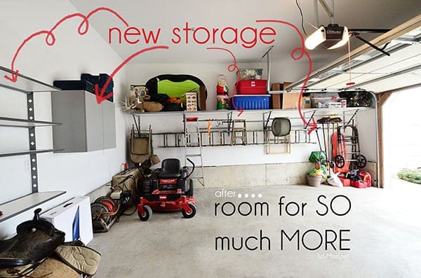 An organized garage using the Monkey Bars Garage Storage Systems at TidyMom.net
