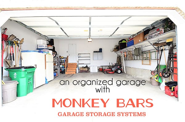 An organized garage using the Monkey Bars Garage Storage Systems at TidyMom.net