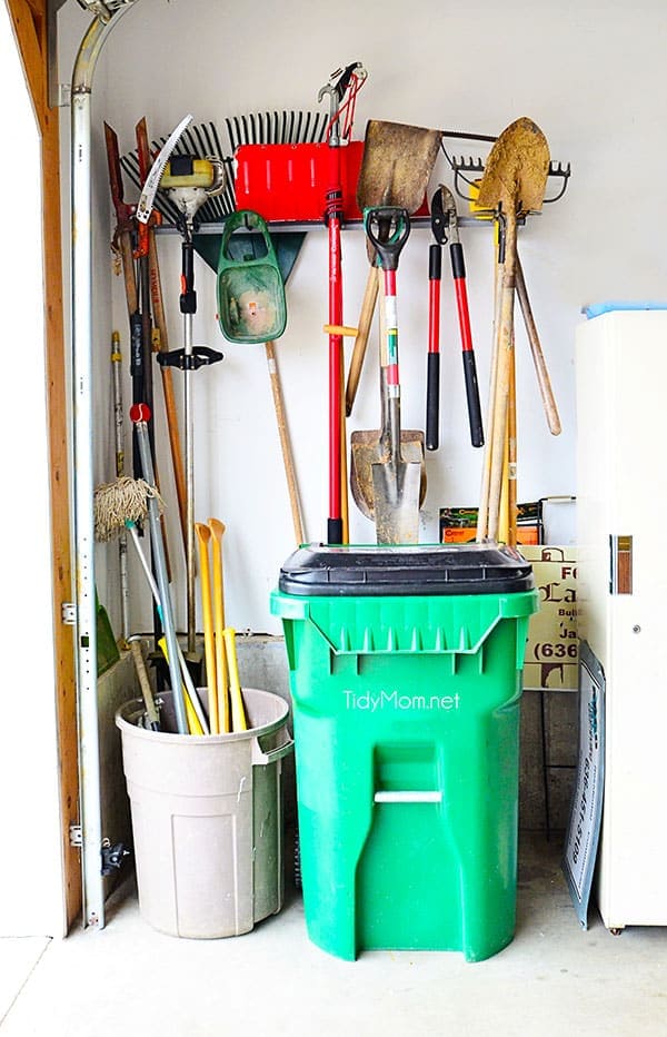 An organized garage using the Monkey Bars Garage Storage Systems at TidyMom.net