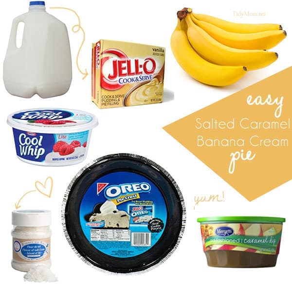 Easy Salted Caramel Banana Cream Pie with a chocolate oreo crust. Recipe at TidyMom.net
