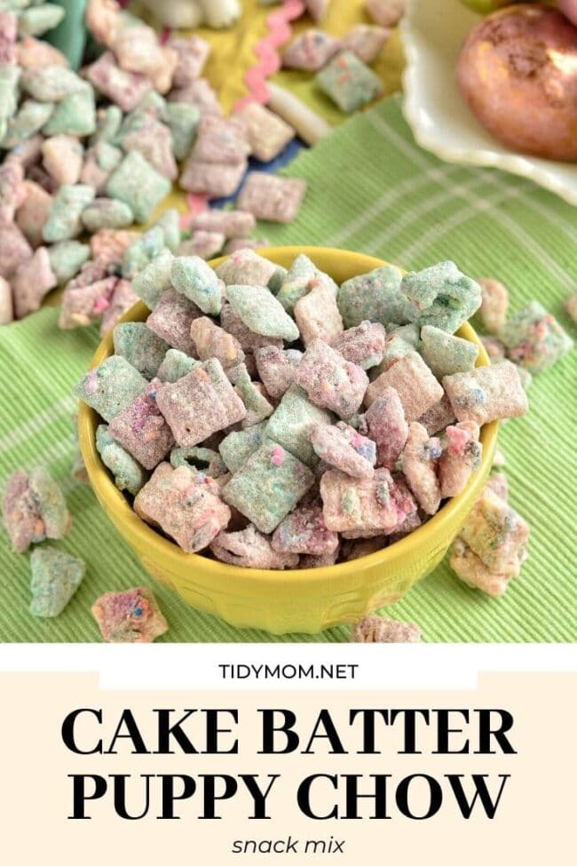 cake batter puppy chow snack mix in a yellow bowl