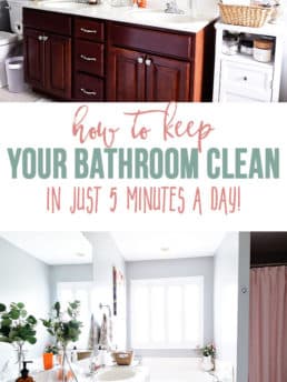 Do you dream of a bathroom that always sparkles? Want to learn how to keep your bathroom clean in 5 minutes a day? It's easy, I promise! It may sound like a chore to clean your entire bathroom every day, but there are 4 simple steps that can become a daily habit and only take a few minutes. Get all the cleaning details at TidyMom.net #bathroom #cleaning #howto #housekeeping #tidymom