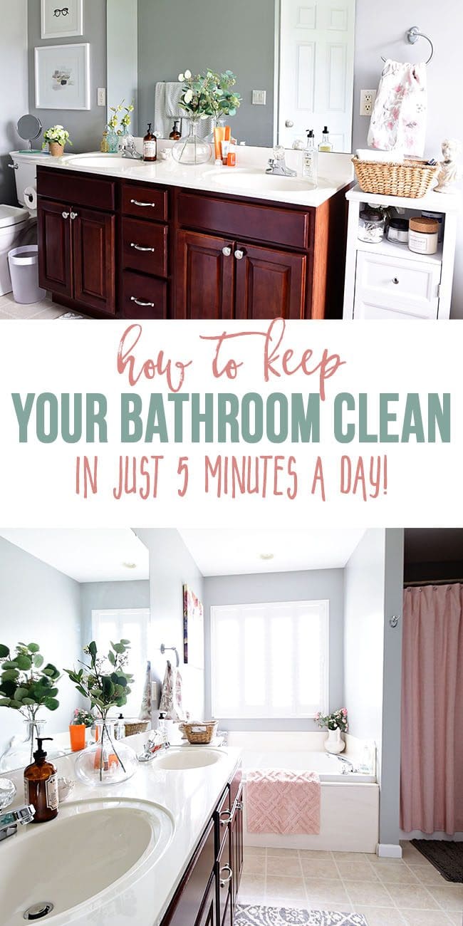 Do you dream of a bathroom that always sparkles? Want to learn how to keep your bathroom clean in 5 minutes a day? It's easy, I promise! It may sound like a chore to clean your entire bathroom every day, but there are 4 simple steps that can become a daily habit and only take a few minutes. Get all the cleaning details at TidyMom.net #bathroom #cleaning #howto #housekeeping #tidymom