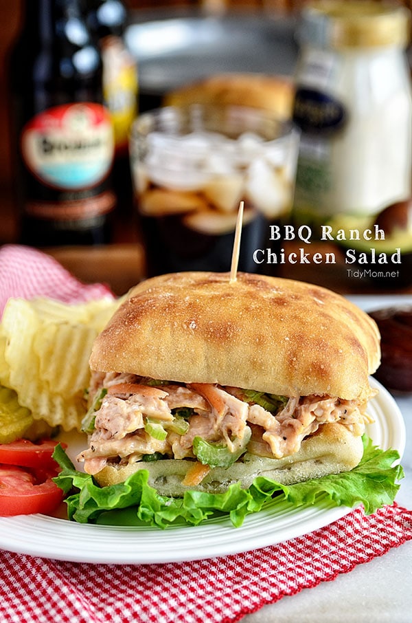  BBQ Ranch Chicken Salad Sandwich on a plate