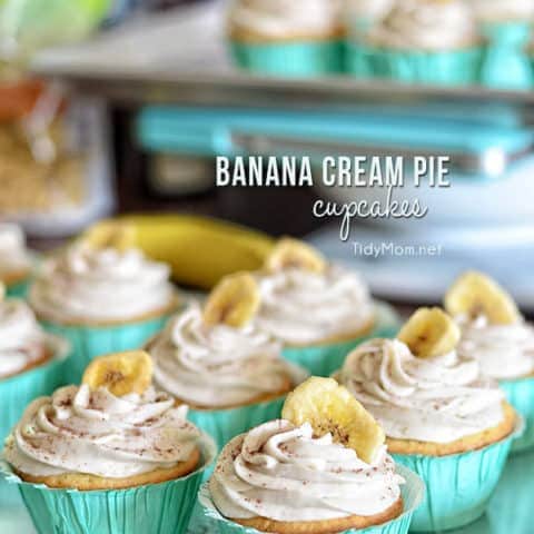 Light, tender vanilla cupcake filled with a luscious banana cream custard and topped with a banana buttercream.....reminiscent of banana cream pie. Print the full recipe for Banana Cream Pie Cupcakes at TidyMom.net