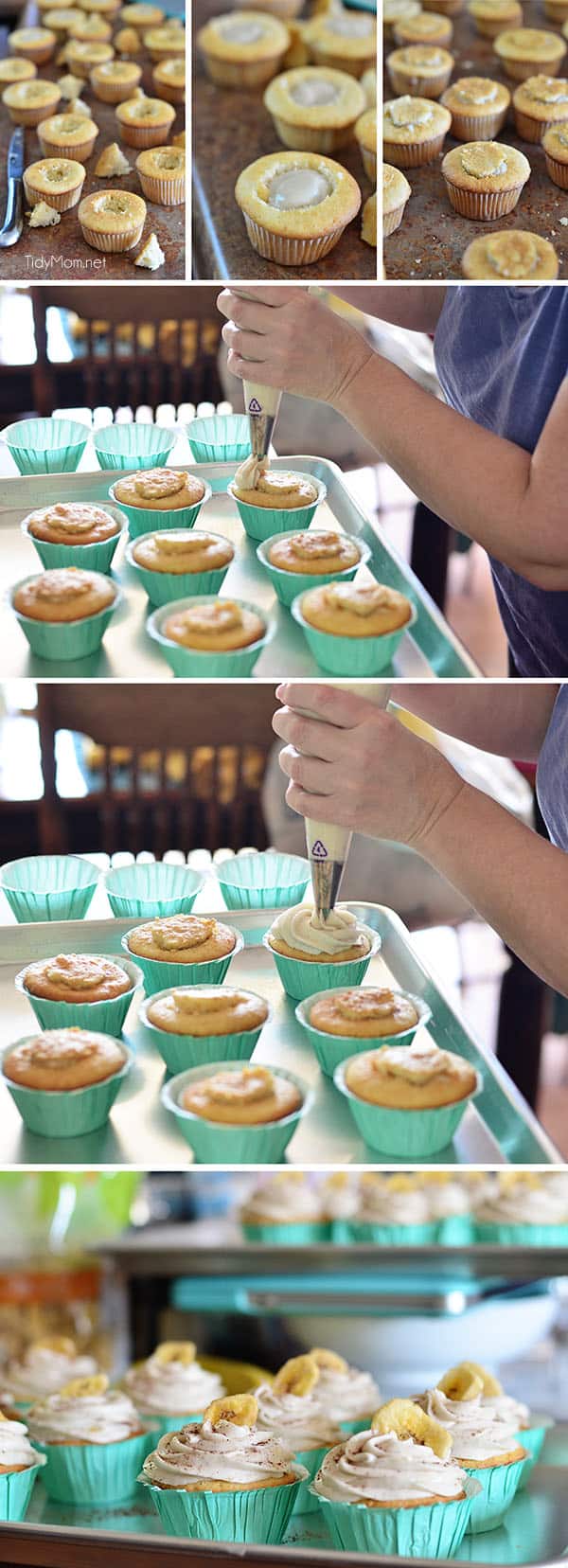 Banana Cream Pie Cupcakes: French vanilla cupcake with banana custard filling and banana buttercream frosting. recipe at TidyMom.net