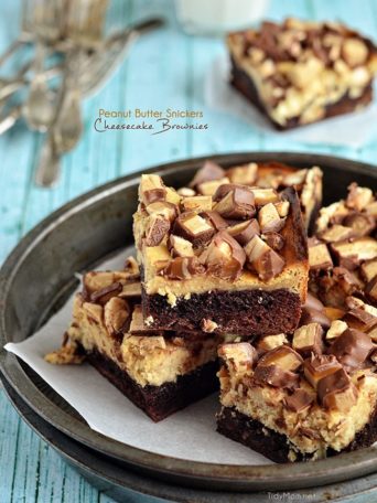 Peanut Butter Snickers Cheesecake Brownies at TidyMom.net
