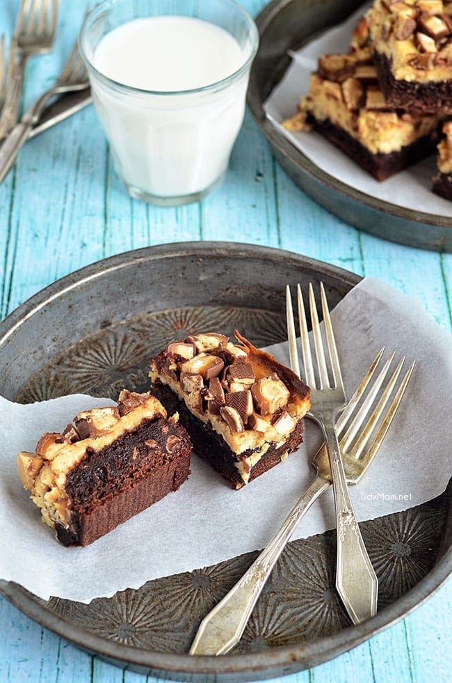 Peanut Butter Snickers Cheesecake Brownies at TidyMom.net